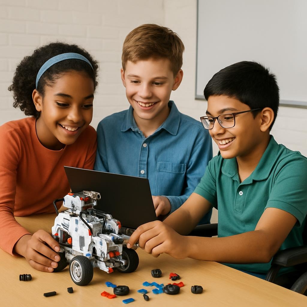 Estudantes construindo um robô em momento de socialização e inclusão.