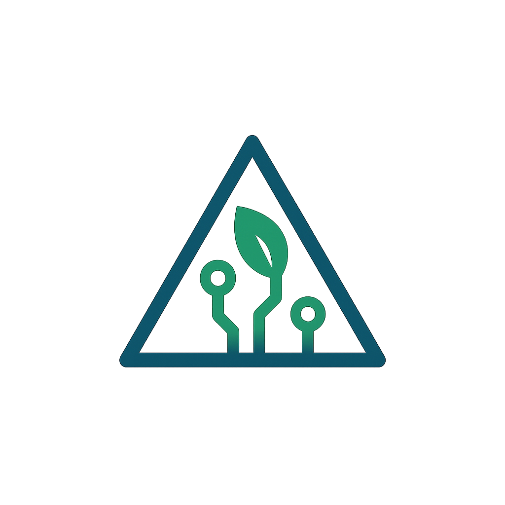 Logo do site Projetos Tec, representando inovação e sustentabilidade com um triângulo (geometria), folha e circuitos eletrônicos.