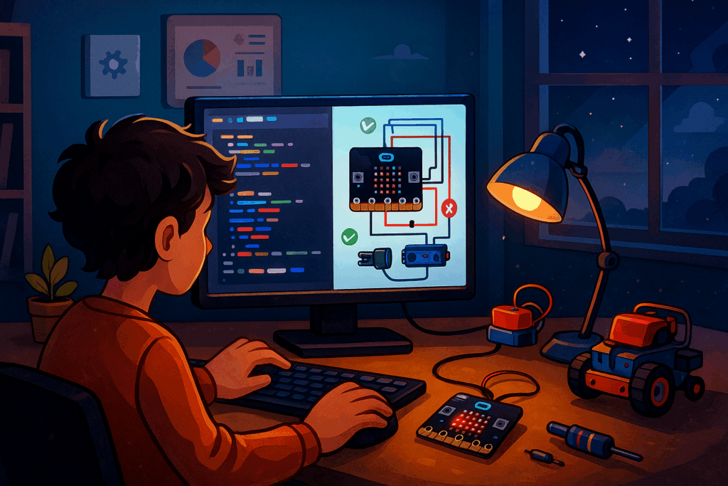 Ambiente de aprendizagem maker com estudante programando em um laboratório de robótica, simulando a utilização de placas eletrônicas, micro:bit e notebook em uma mesa iluminada.