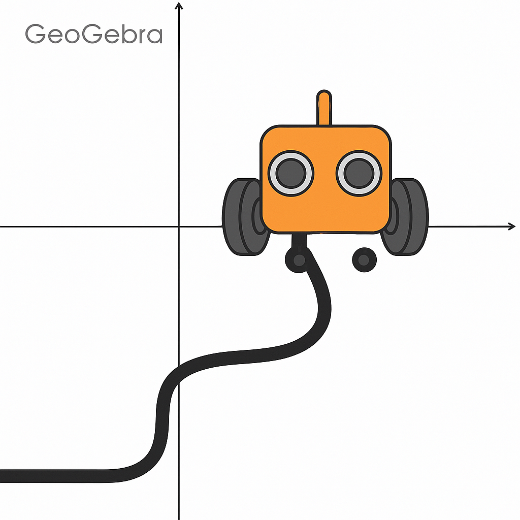 Ilustração de um robô seguidor de linha no plano cartesiano do GeoGebra, representando um projeto educacional de robótica e matemática.
